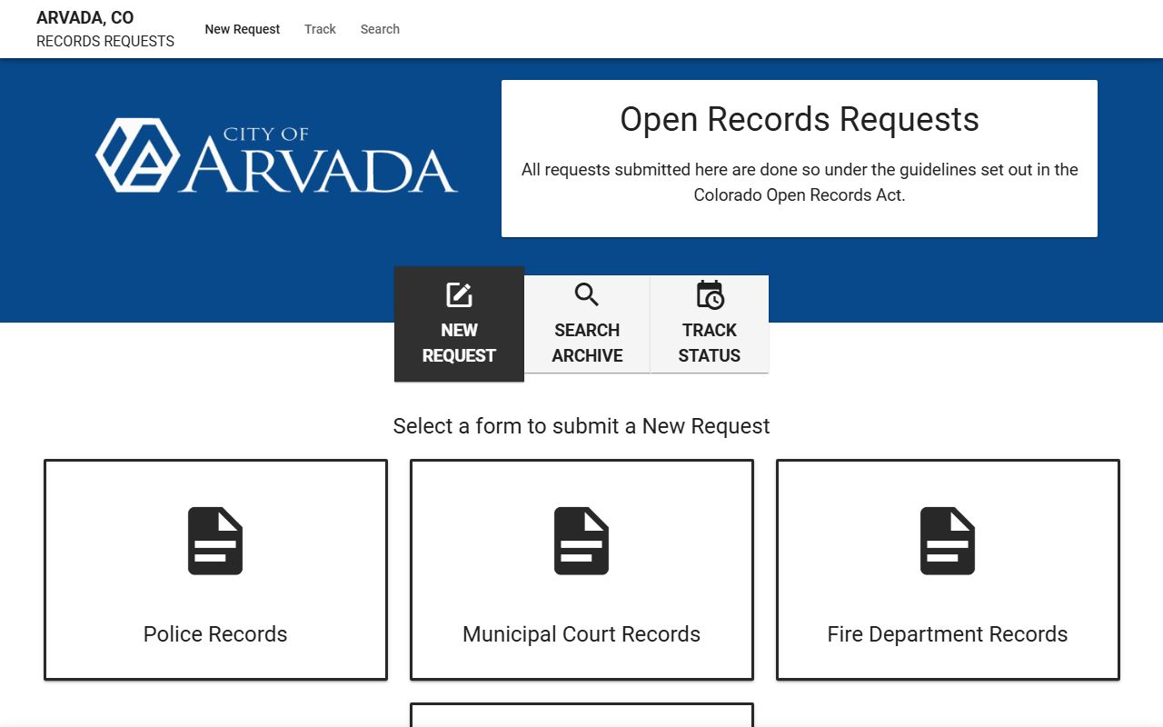 Arvada JustFOIA police records portal interface