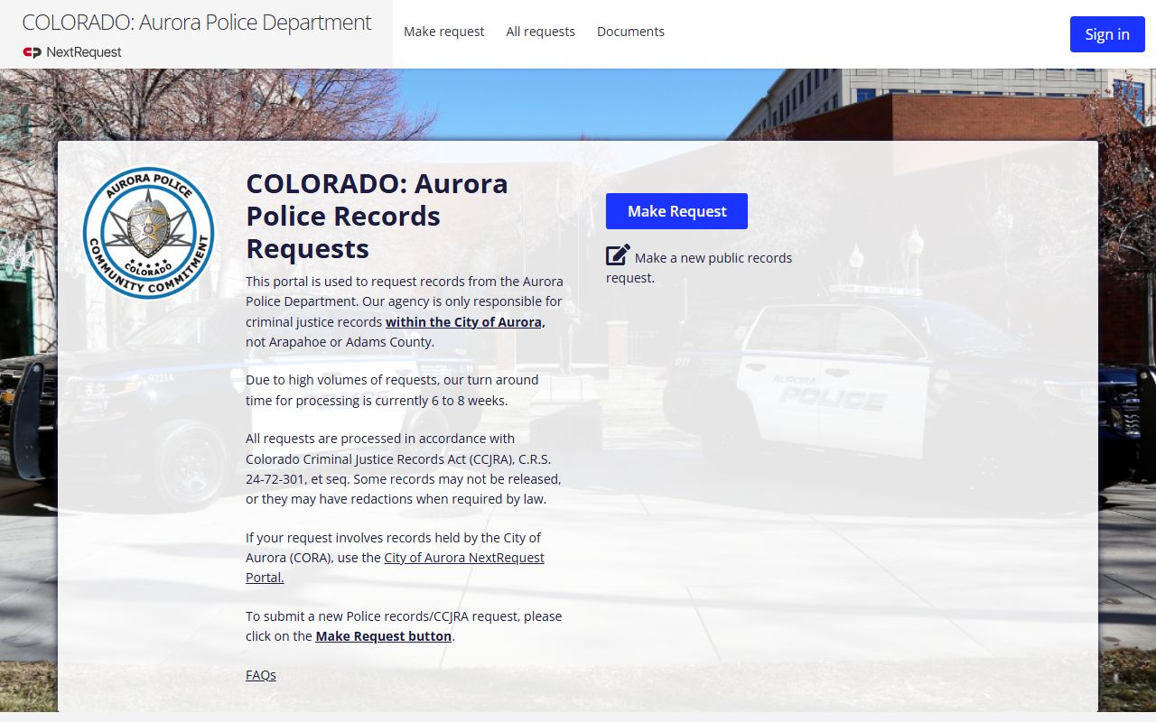 Aurora Police NextRequest records portal