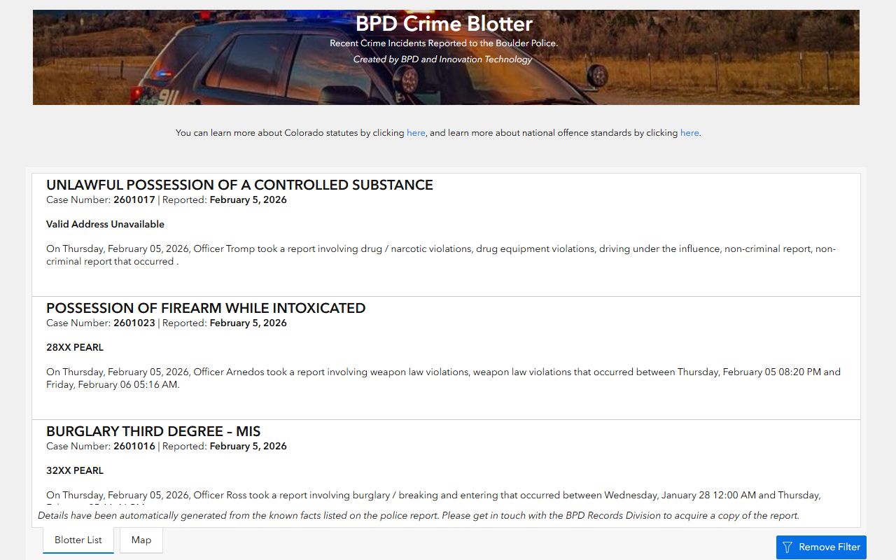 Boulder Police Crime Blotter dashboard