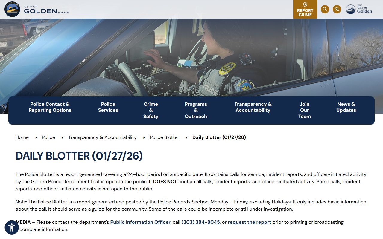 Golden Police Department daily blotter interface