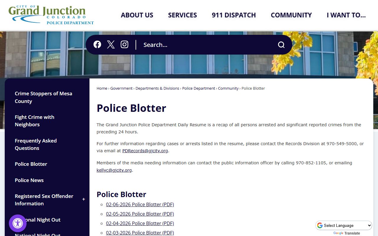 Grand Junction Police Department daily blotter PDF