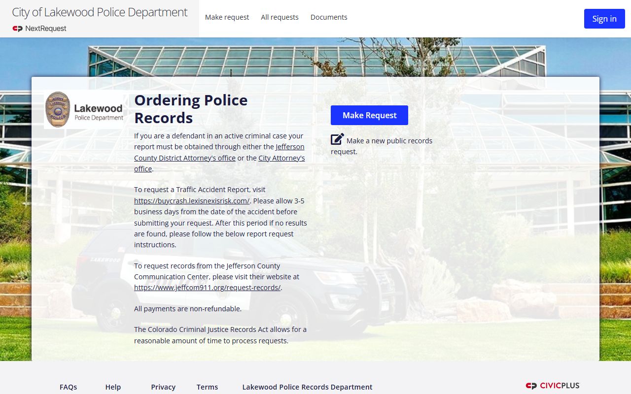 Lakewood Police Department NextRequest records portal