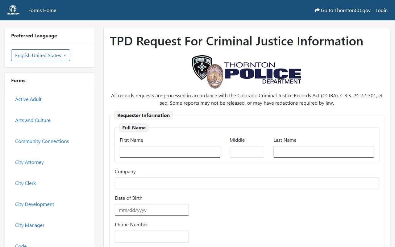 Thornton Police Department records request form