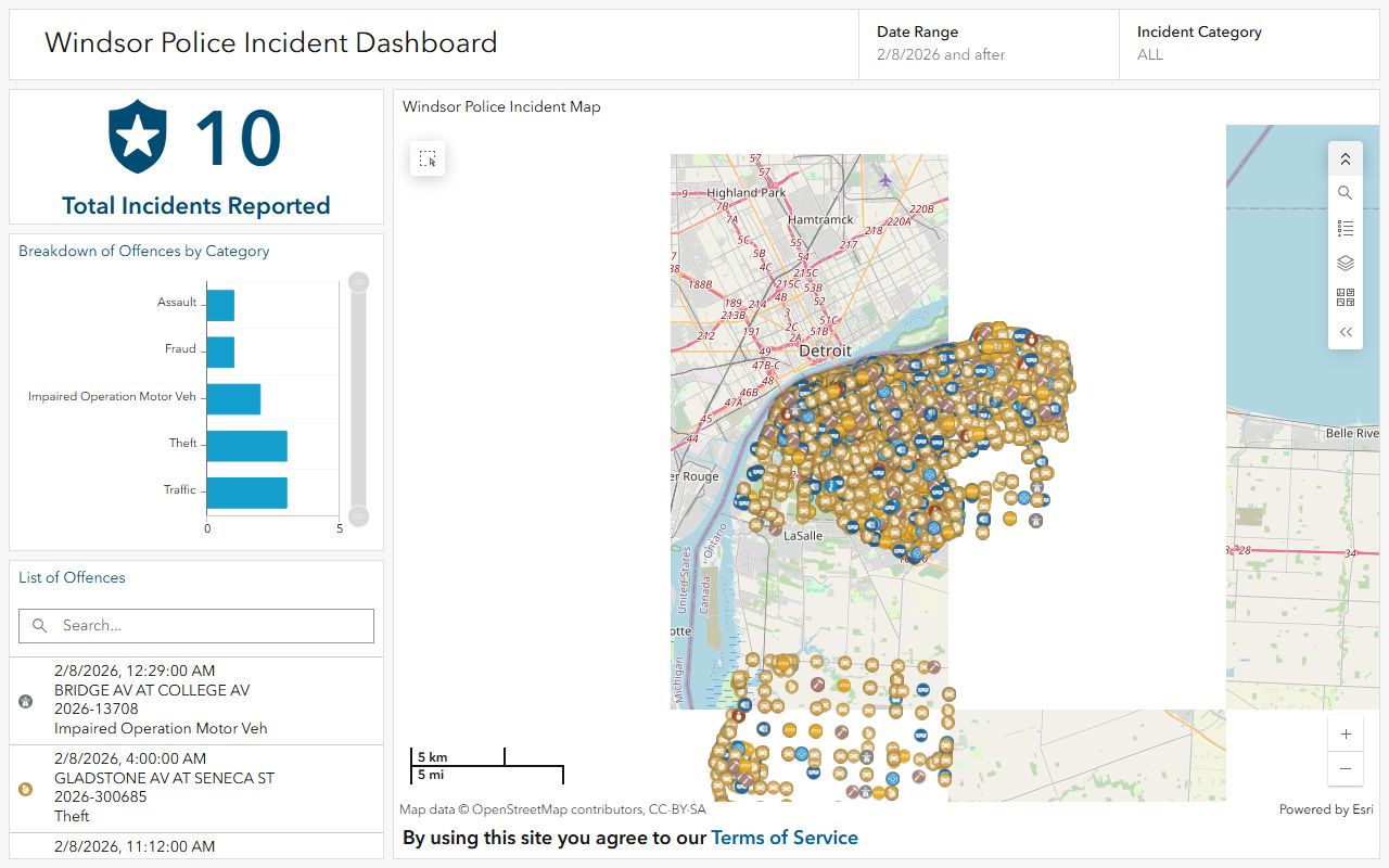 Windsor Police Department ArcGIS incident dashboard