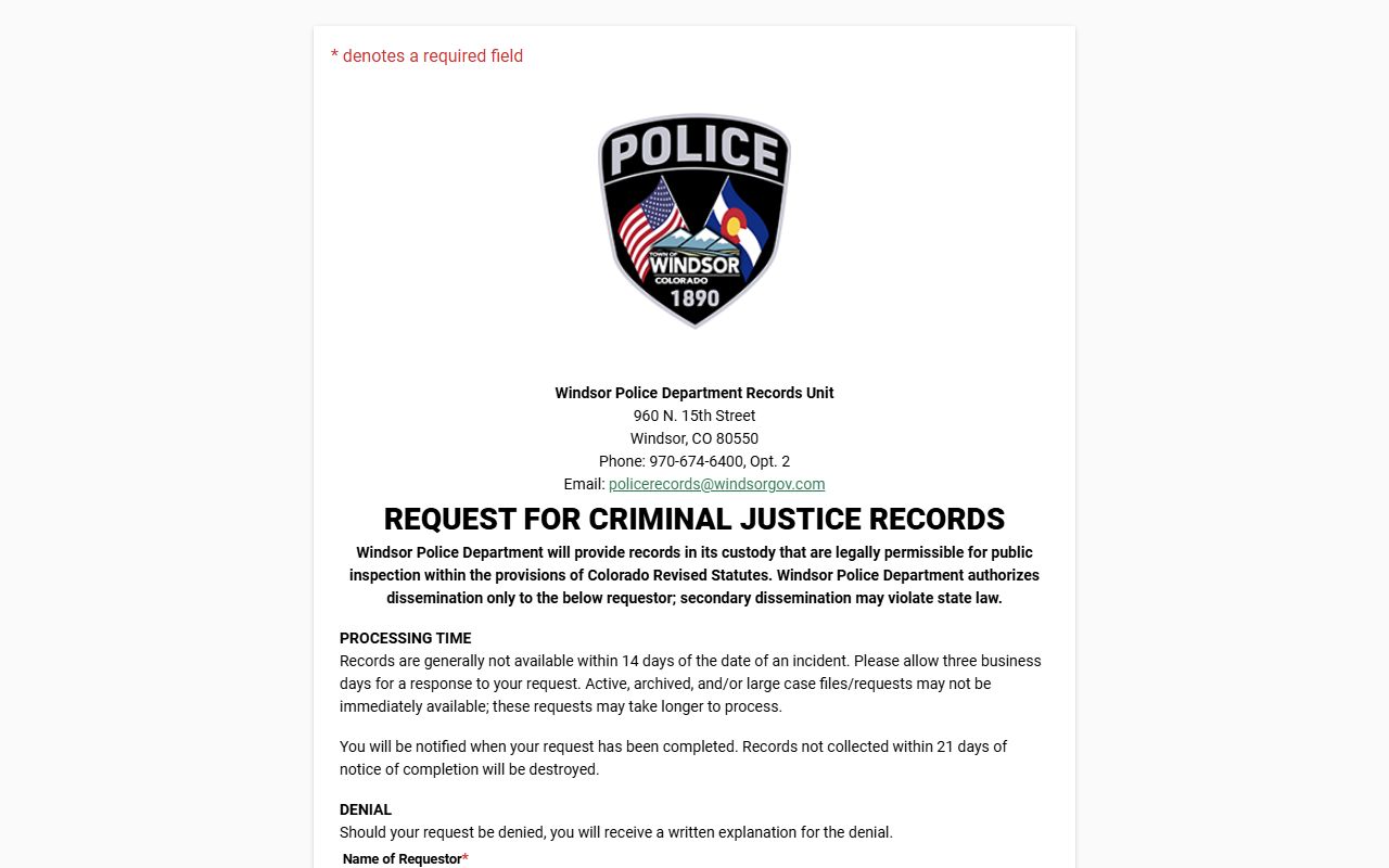 Windsor Police Department JustFOIA records portal