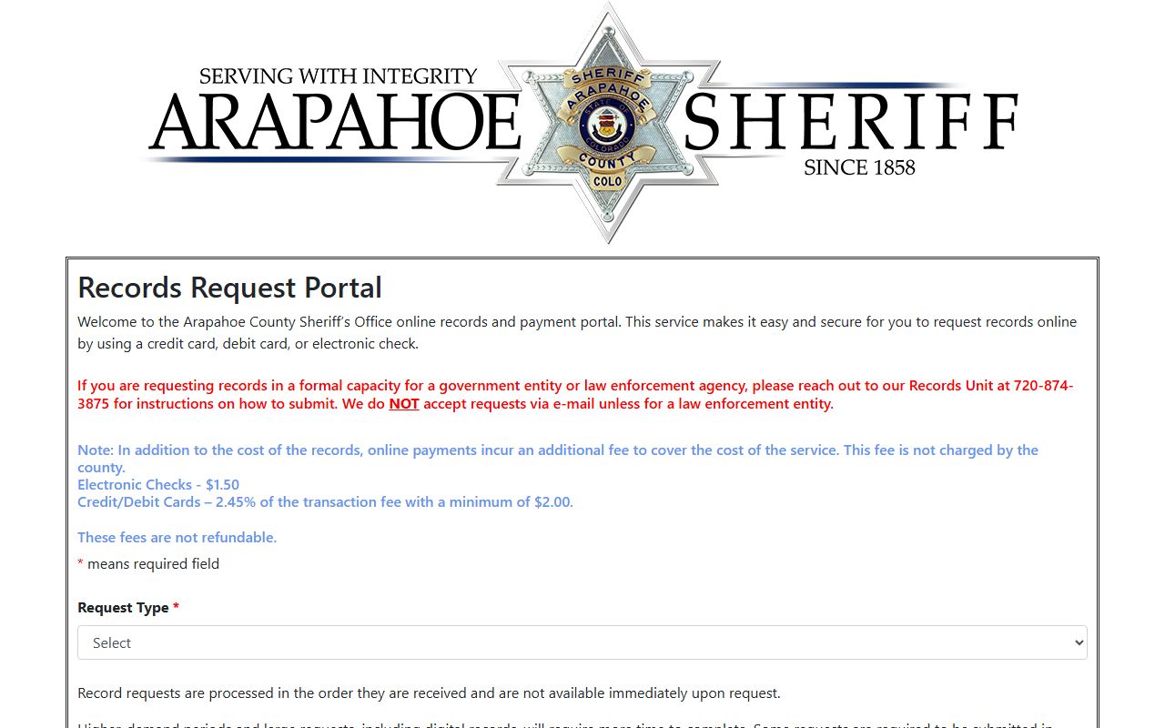 Arapahoe County Sheriff records request portal for police blotter access