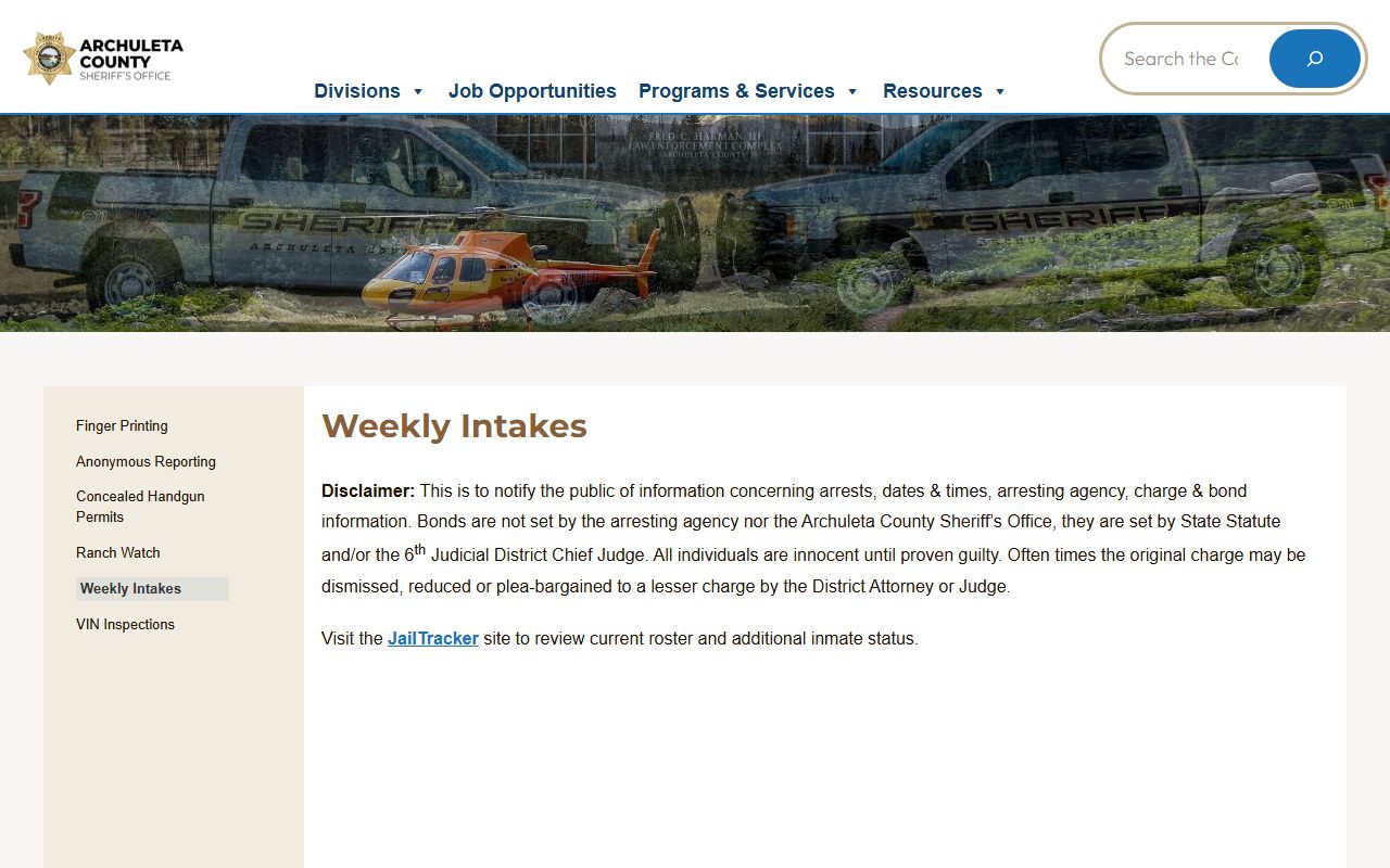 Archuleta County weekly intakes page showing jail booking reports
