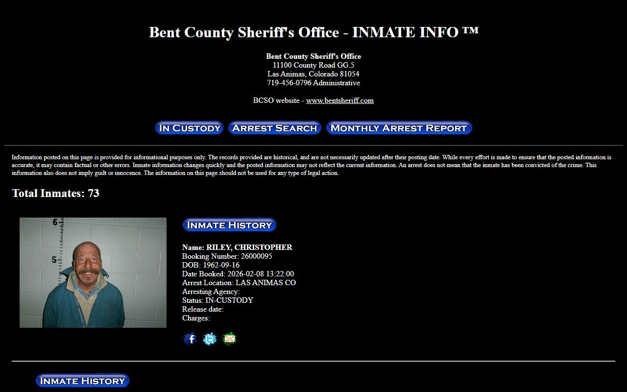 Bent County InmateInfo system showing current jail bookings