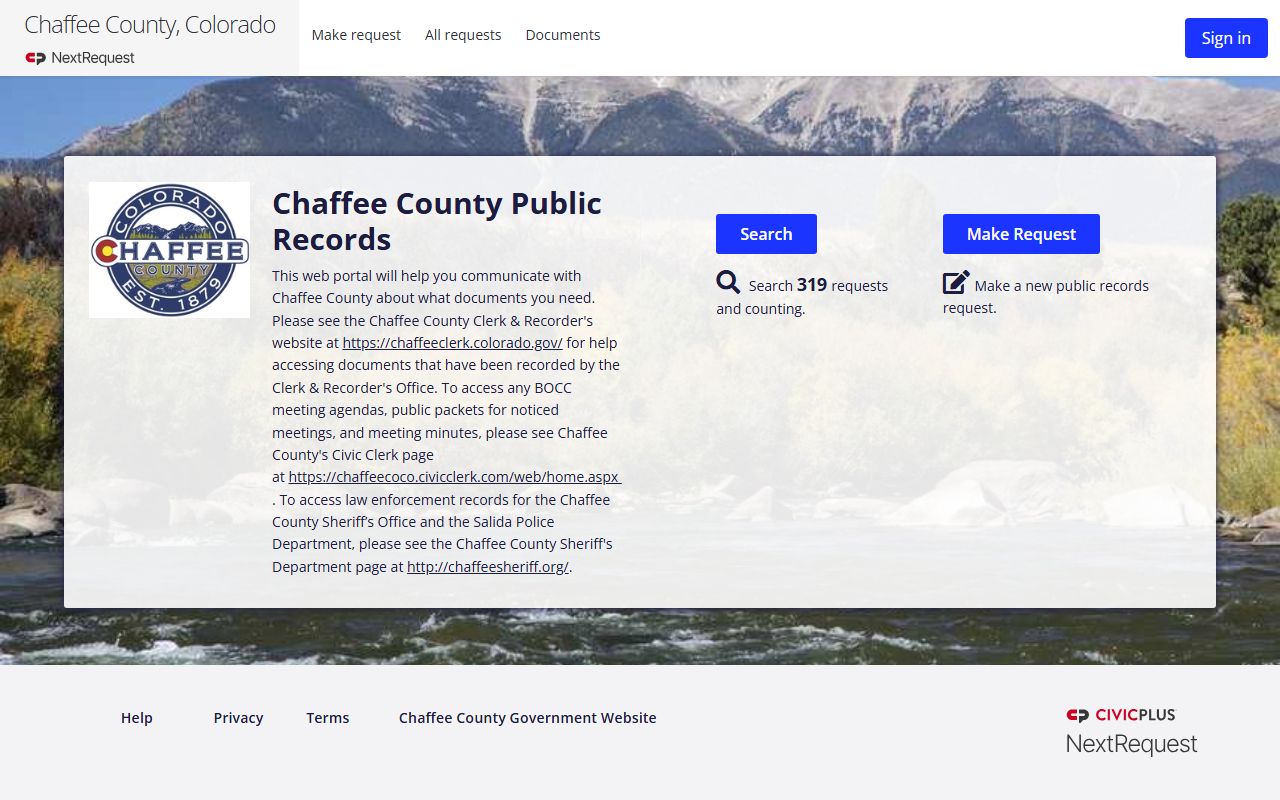 Chaffee County NextRequest portal for records requests
