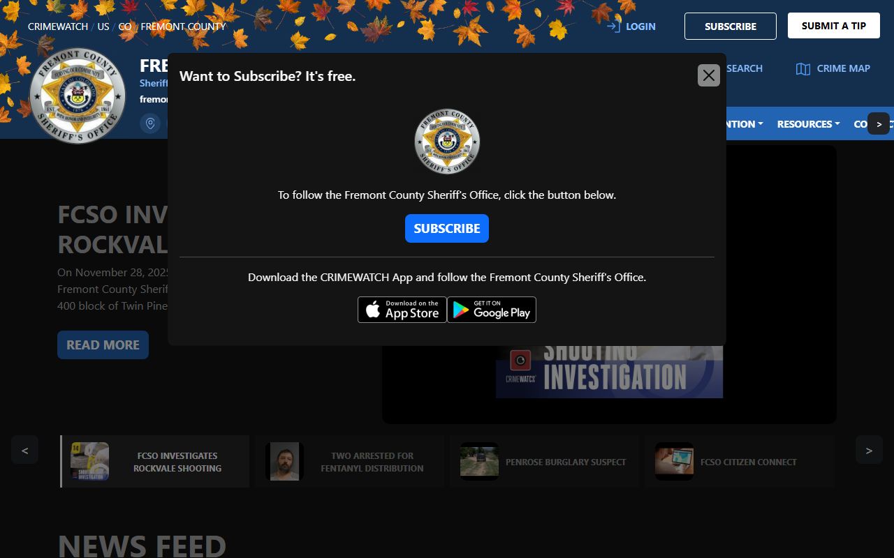 Fremont County CRIMEWATCH portal showing recent arrests