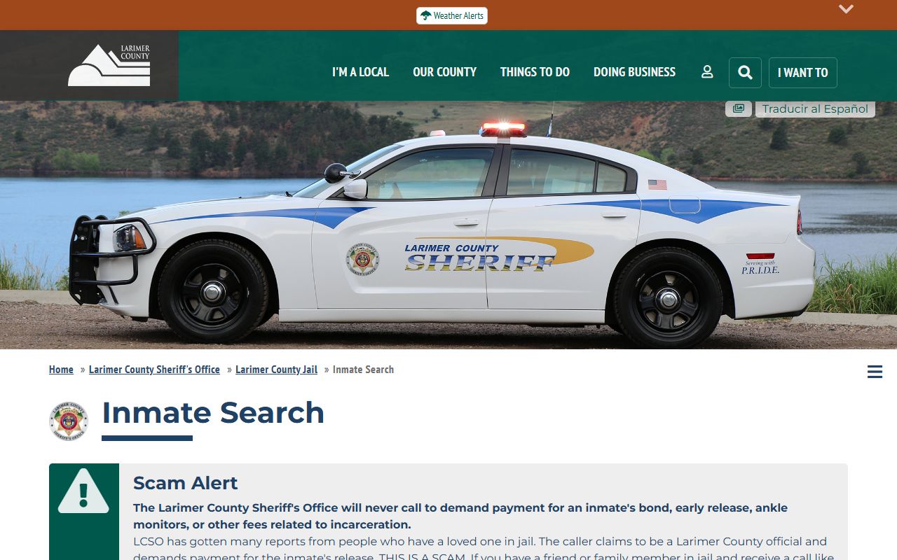 Larimer County Sheriff inmate search portal showing current jail bookings