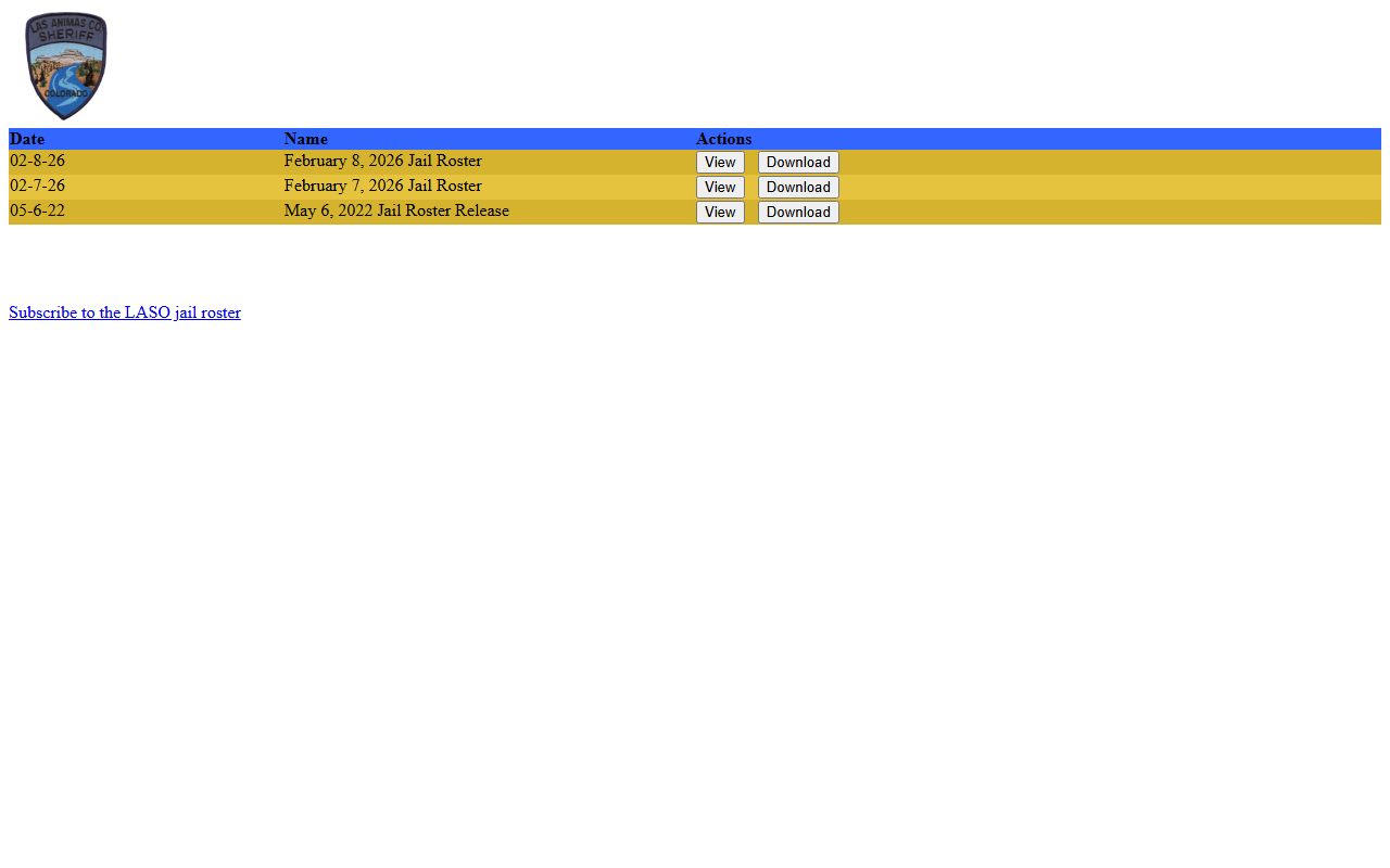 Las Animas County jail roster showing current inmates in custody