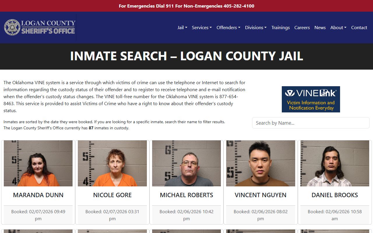 Logan County Sheriff inmate search portal showing current jail bookings