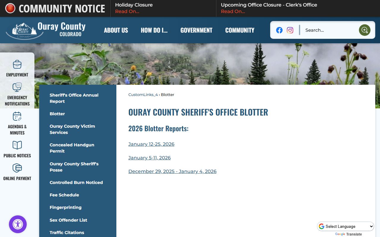 Ouray County Sheriff weekly blotter showing recent law enforcement activity and calls for service