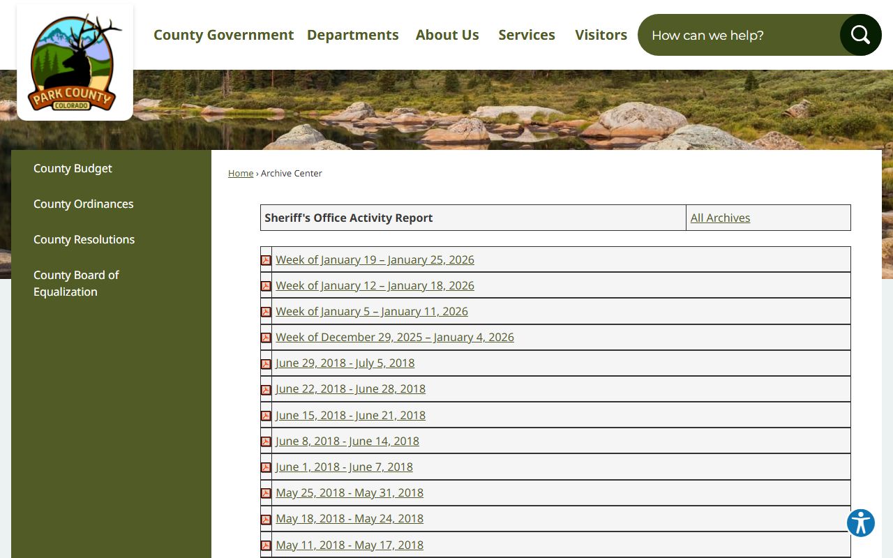 Park County Sheriff activity reports archive showing recent law enforcement incidents and calls for service
