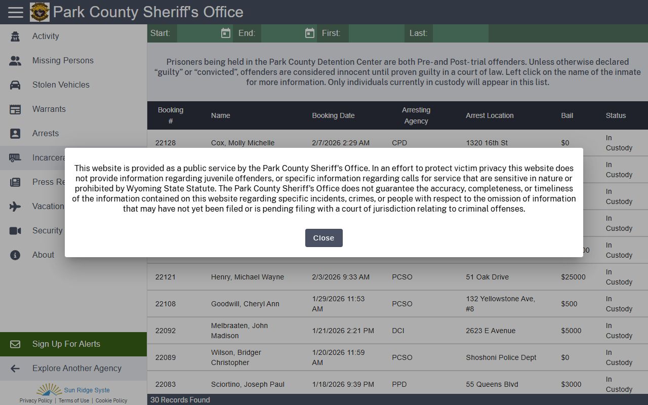 Park County CitizenRIMS inmate search portal showing current jail bookings and custody status