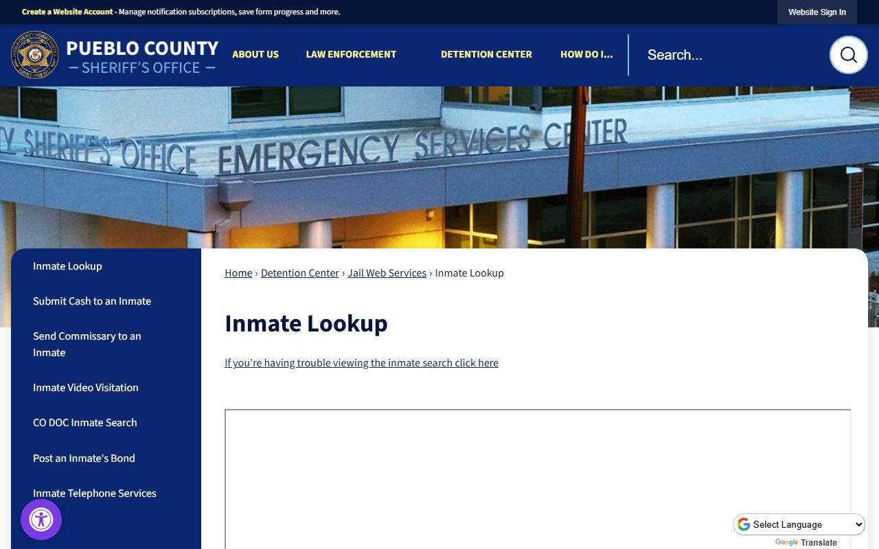 Pueblo County inmate lookup system showing current detainees