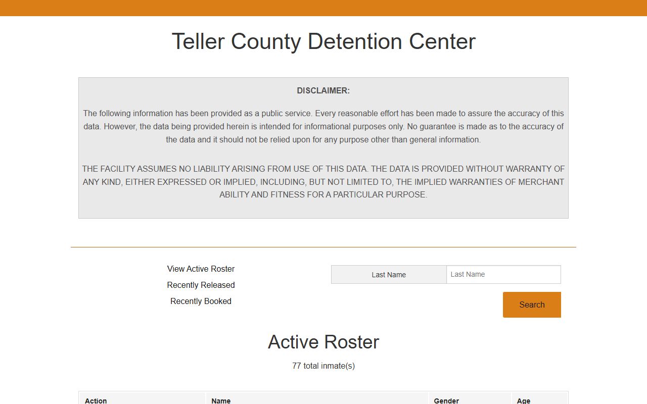 Teller County inmate roster system showing current detainees
