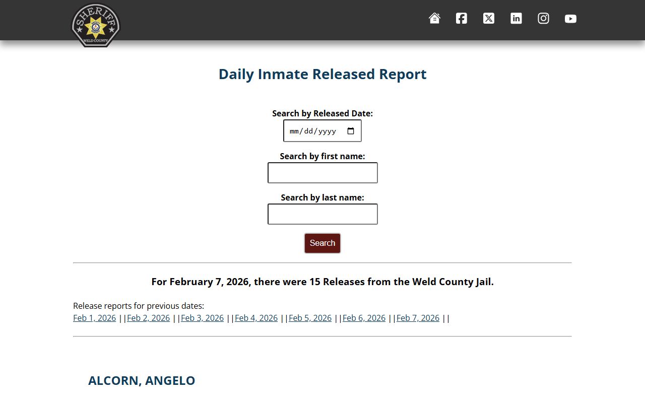 Weld County daily released inmates records showing recent releases