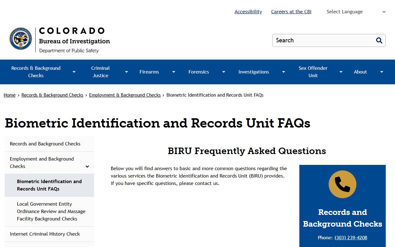 CBI Biometric Identification and Records Unit FAQs page