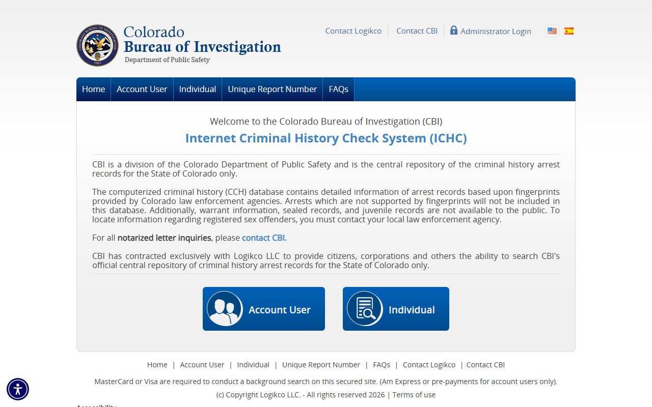 CBI Internet Criminal History Check System database for Colorado police blotter searches