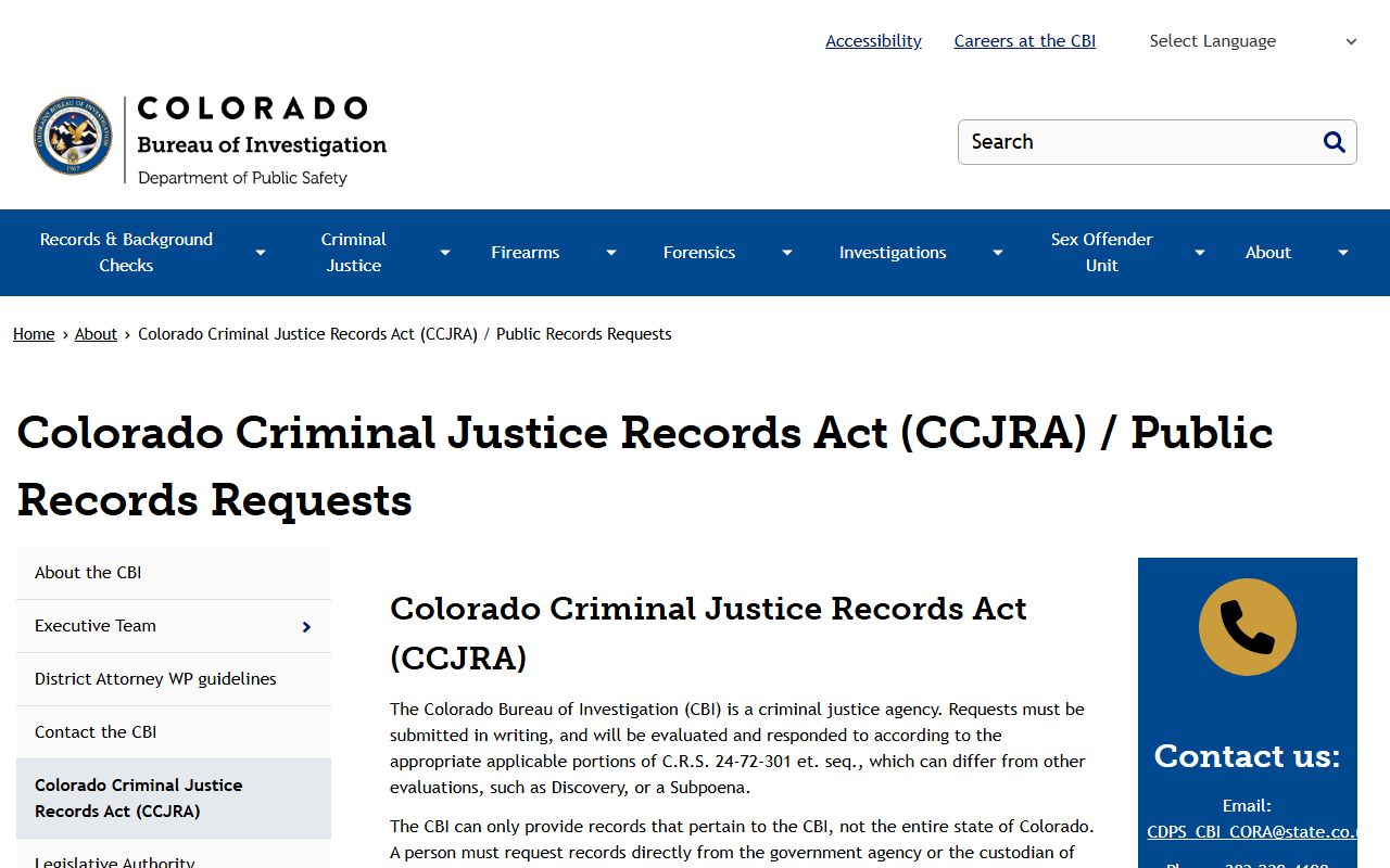 CBI records request page for Colorado police blotter documents