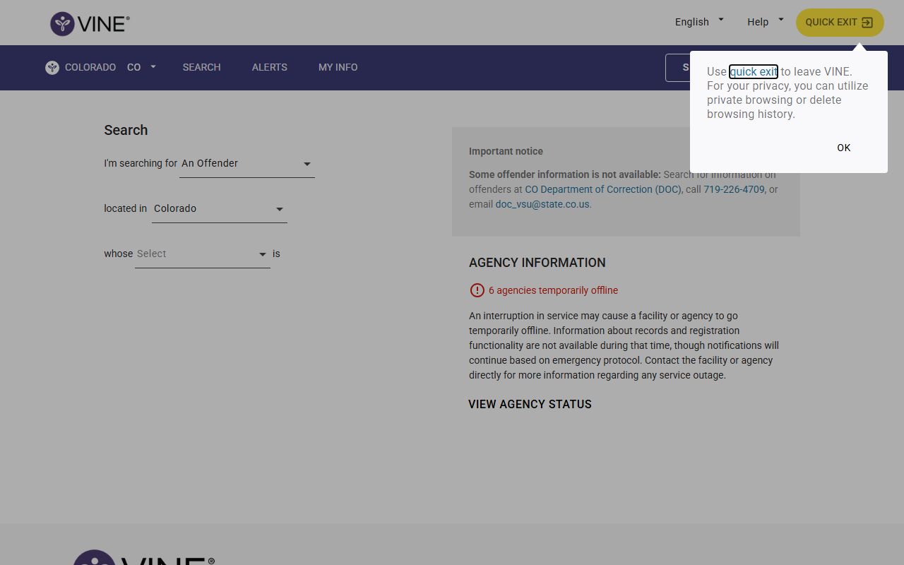 Colorado VINE inmate custody status search system
