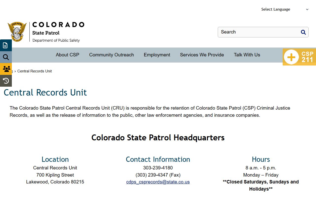 Colorado State Patrol Central Records Unit page for incident reports