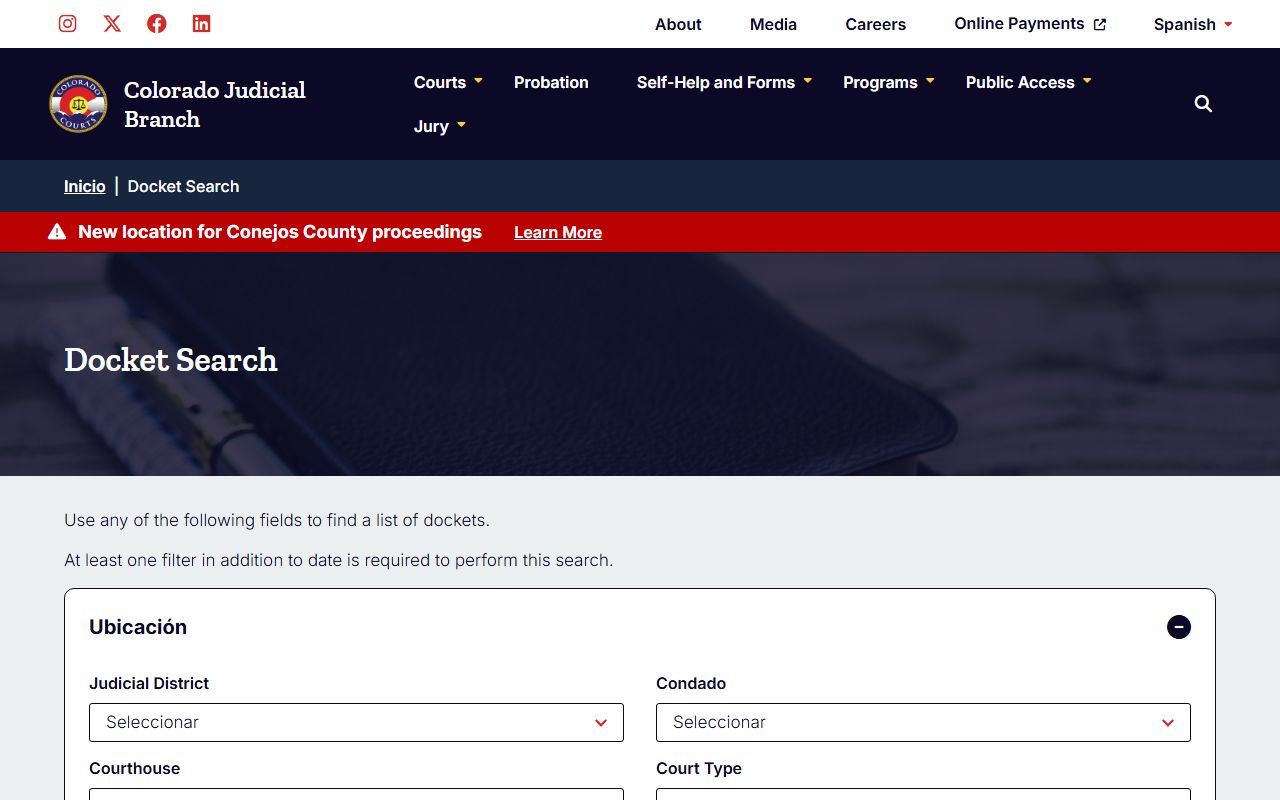 Colorado Judicial Branch free docket search tool for court cases
